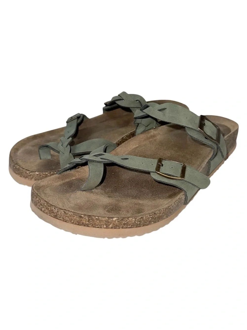 Maurices SuperCush Chloe Braided Cork Footbed Sandals Olive Green Buckle Size 8